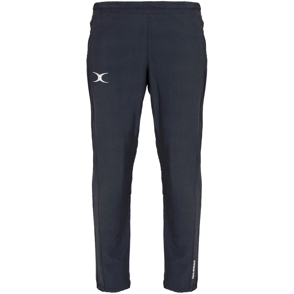 The Gilbert Synergie V3 Junior Trousers in black feature a white logo on the left thigh and small white text on the lower right leg, ideal for active days or as durable school uniform trousers. Shown against a white background.