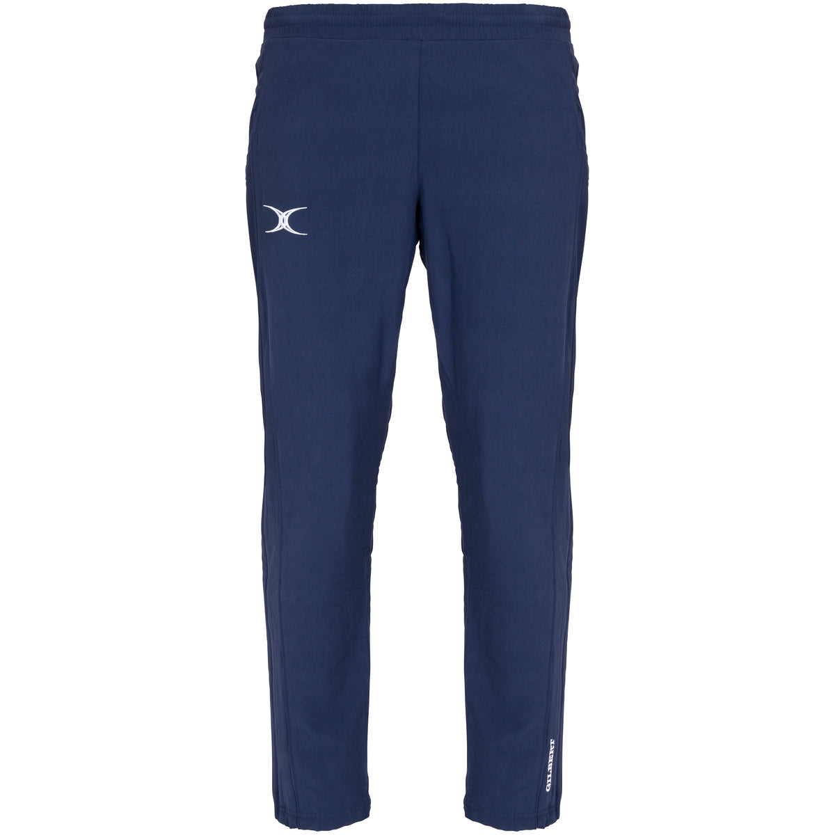 The Gilbert Synergie V3 Junior Trousers by Gilbert come in dark navy, feature an elastic waistband, a white crescent logo on the left thigh, and "ATHLETIC" text near the left ankle—ideal as durable school uniform bottoms. Shown on a white background.