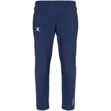 The Gilbert Synergie V3 Junior Trousers by Gilbert come in dark navy, feature an elastic waistband, a white crescent logo on the left thigh, and "ATHLETIC" text near the left ankle—ideal as durable school uniform bottoms. Shown on a white background.