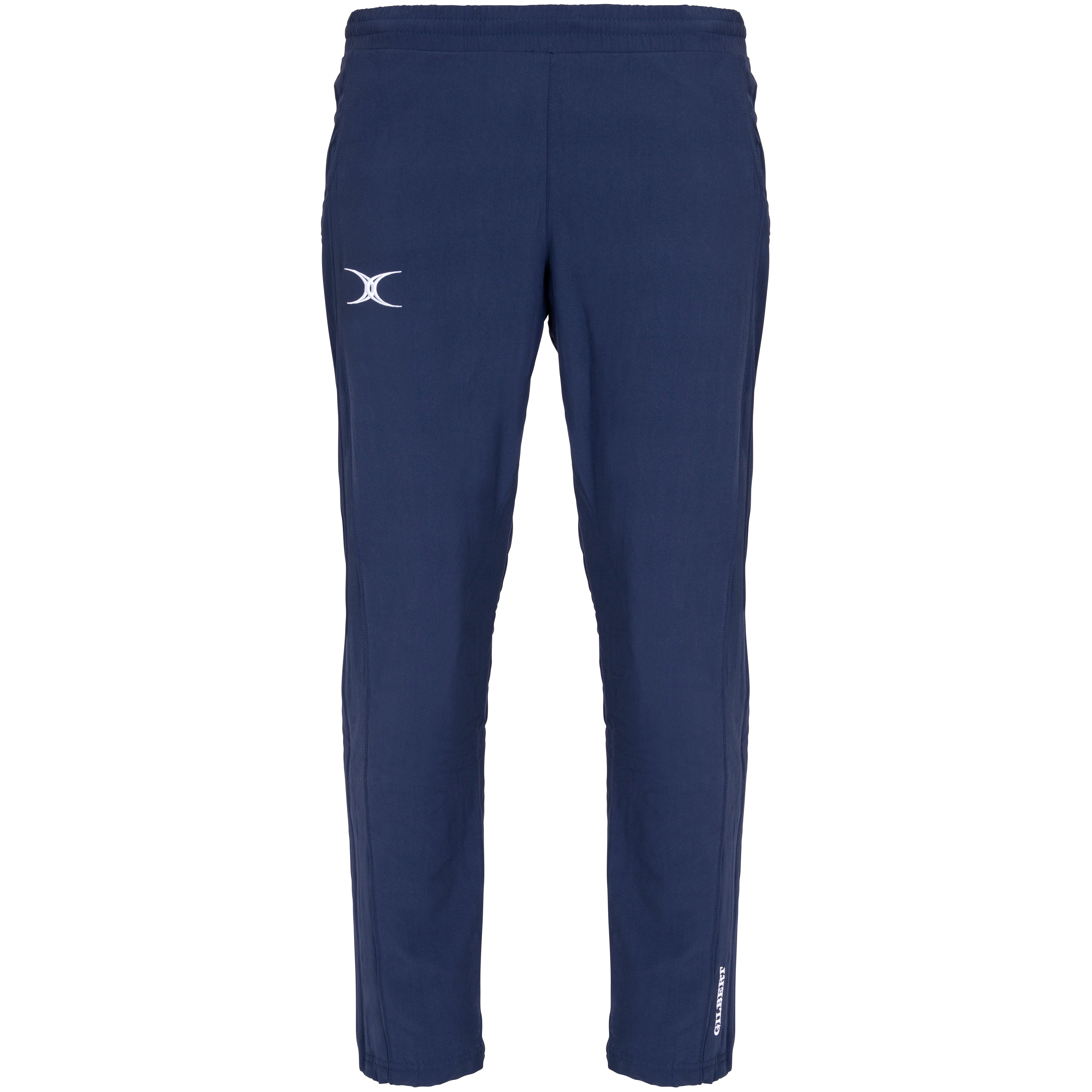 The Gilbert Synergie V3 Junior Trousers by Gilbert come in dark navy, feature an elastic waistband, a white crescent logo on the left thigh, and "ATHLETIC" text near the left ankle—ideal as durable school uniform bottoms. Shown on a white background.