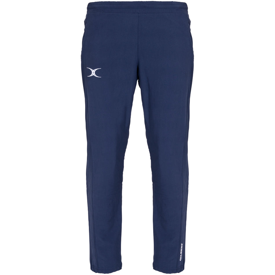 The Gilbert Synergie V3 Junior Trousers by Gilbert come in dark navy, feature an elastic waistband, a white crescent logo on the left thigh, and "ATHLETIC" text near the left ankle—ideal as durable school uniform bottoms. Shown on a white background.