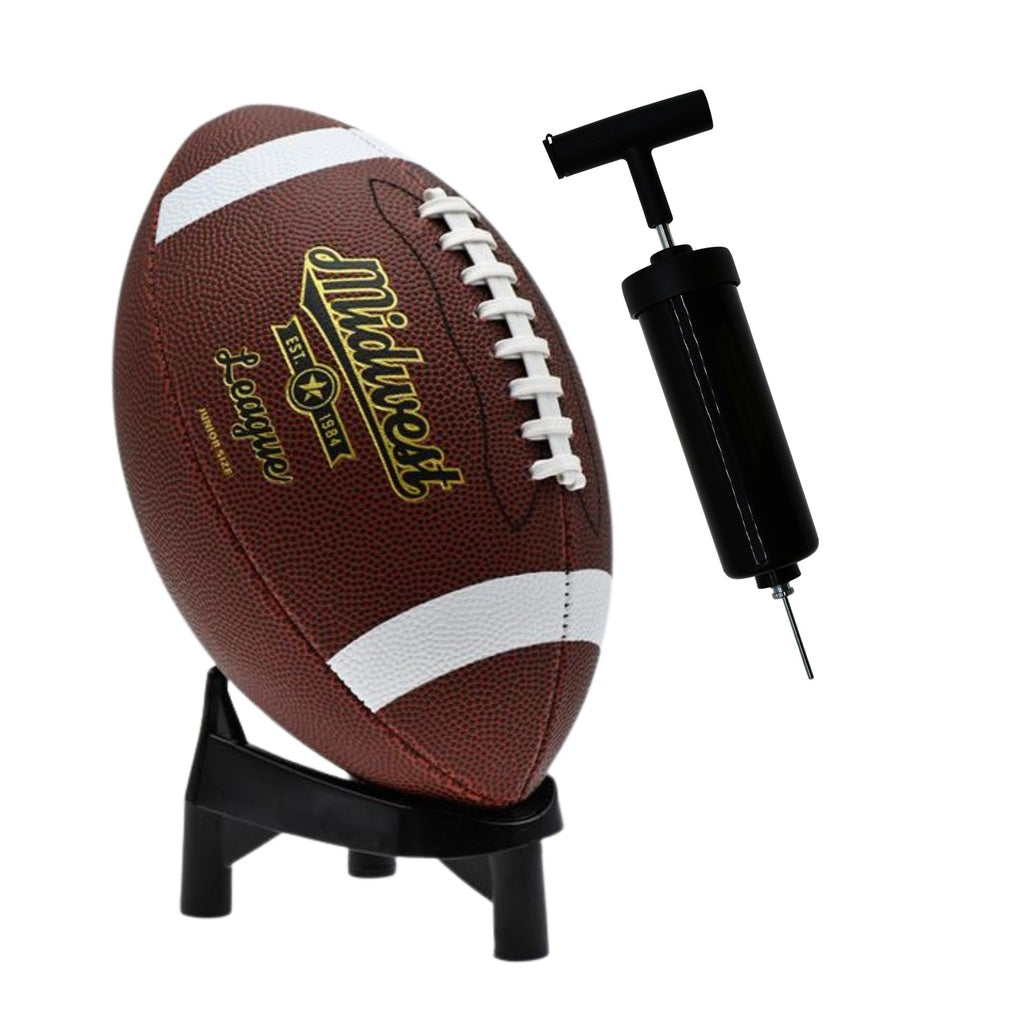The Midwest League American Football Gift Set by Midwest includes a brown football with white laces and stripes on a black tee, plus a black hand pump—perfect for practice or gifting.
