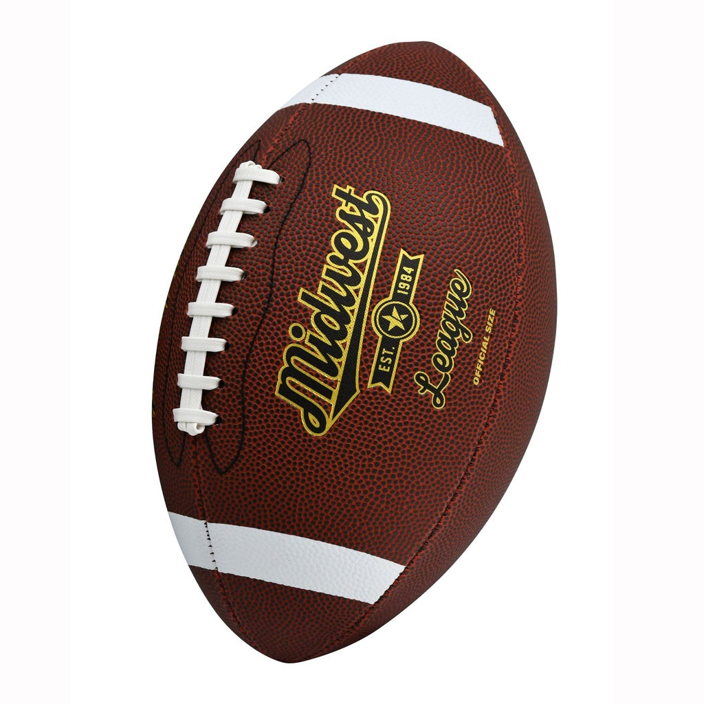 The Midwest League American Football by Midwest features durable brown leather with white laces and stripes, plus "Midwest League Est. 1934" in yellow and black lettering, designed for enhanced grip on the field.