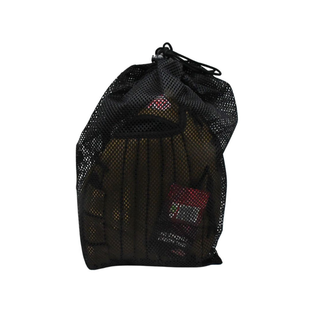 A black mesh drawstring bag with sports gear, including Midwest Baseball Fielders Glove, brown synthetic leather volleyball knee pads, and a small red-and-white packaged item, displayed against a white background.