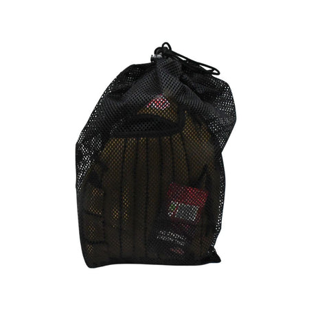 A black mesh drawstring bag with sports gear, including Midwest Baseball Fielders Glove, brown synthetic leather volleyball knee pads, and a small red-and-white packaged item, displayed against a white background.