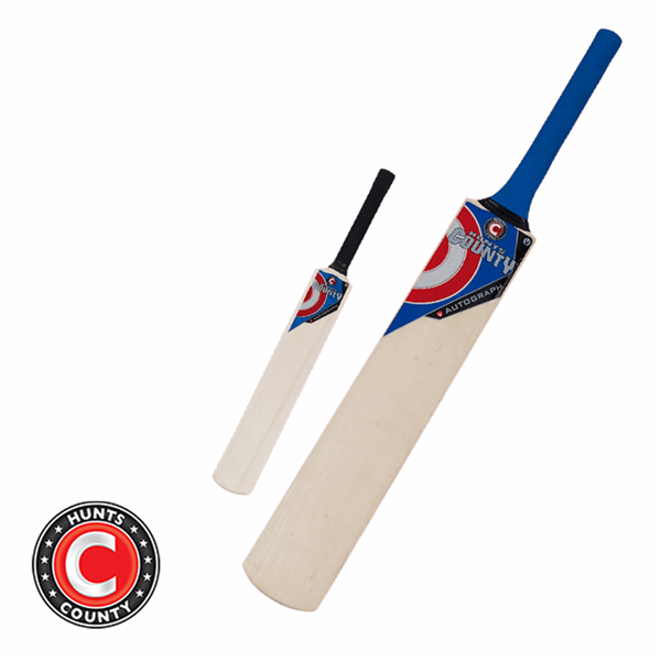 Two Hunts County Autograph Bats with blue and black handles are displayed in different sizes, including a full-size bat ideal for collecting signatures. The Hunts County round red logo is visible in the bottom left corner.