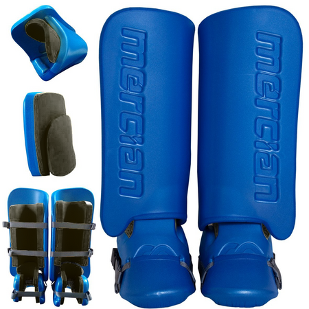 The Mercian Genesis 0.3 GK Set includes blue field hockey goalie leg guards and kickers made from high-density foam, shown from multiple angles with visible straps and padding—ideal for young goalkeepers seeking secure, protective gear.