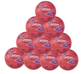 Ten pink Mitre Attack Training Netballs, each displaying the brand name and logo with geometric blue, white, and purple designs—perfect for skill development sessions.