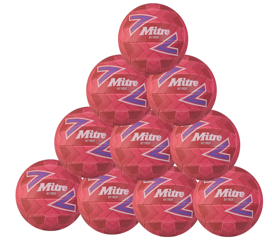Ten pink Mitre Attack Training Netballs, each displaying the brand name and logo with geometric blue, white, and purple designs—perfect for skill development sessions.
