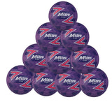 Ten purple Mitre Attack Training Netballs are stacked in a pyramid, displaying the Mitre logo and bold “Z”—each hand-stitched for durability and ideal for skill development.