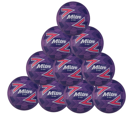 Ten purple Mitre Attack Training Netballs are stacked in a pyramid, displaying the Mitre logo and bold “Z”—each hand-stitched for durability and ideal for skill development.