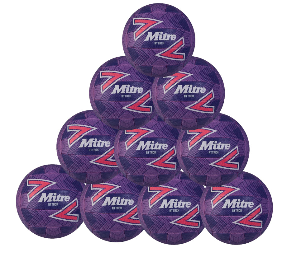 Ten purple Mitre Attack Training Netballs are stacked in a pyramid, displaying the Mitre logo and bold “Z”—each hand-stitched for durability and ideal for skill development.