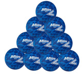 A pyramid stack of ten blue Mitre Oasis Training Netballs by Mitre, each featuring white logos and geometric patterns on a durable surface.