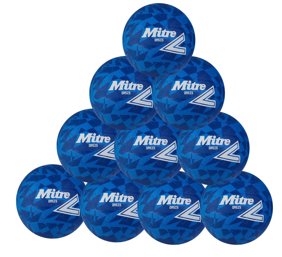 A pyramid stack of ten blue Mitre Oasis Training Netballs by Mitre, each featuring white logos and geometric patterns on a durable surface.