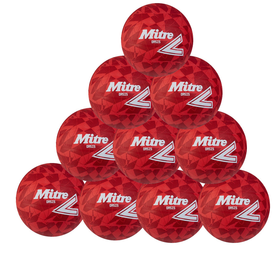 A stack of ten red Mitre Oasis Training Netballs (Ten Pack) displays the Mitre brand logo and geometric patterns, arranged in four pyramid layers.