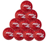 A stack of ten red Mitre Oasis Training Netballs (Ten Pack) displays the Mitre brand logo and geometric patterns, arranged in four pyramid layers.
