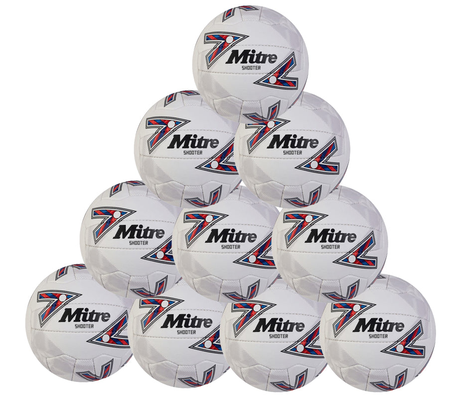 A pyramid stack of ten Mitre Shooter Netballs (Ten Pack) by Mitre, each with a red, black, and blue graphic—ideal as match-level balls or for anyone seeking a durable netball.