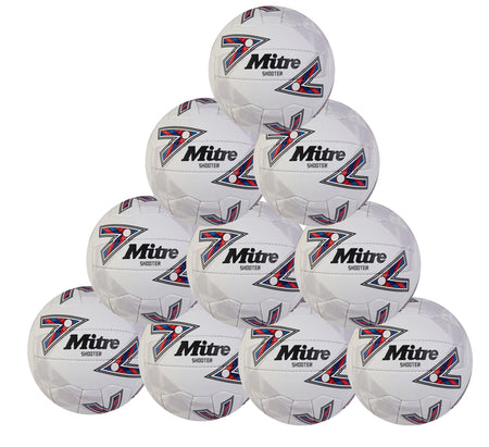 A pyramid stack of ten Mitre Shooter Netballs (Ten Pack) by Mitre, each with a red, black, and blue graphic—ideal as match-level balls or for anyone seeking a durable netball.