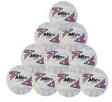 A pyramid stack of ten white Mitre Ultragrip Netballs featuring colorful geometric patterns and black logos, arranged together on a plain white background, showcasing the Mitre Ultragrip Netball Ten Pack.