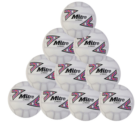 A pyramid stack of ten white Mitre Ultragrip Netballs featuring colorful geometric patterns and black logos, arranged together on a plain white background, showcasing the Mitre Ultragrip Netball Ten Pack.
