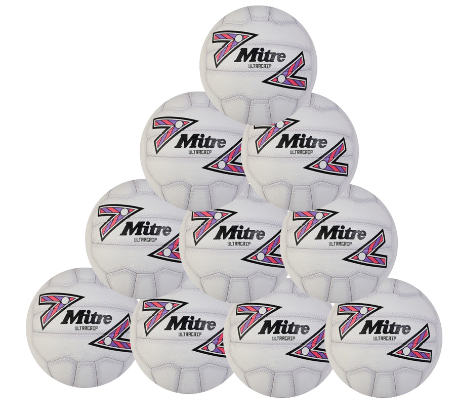 A pyramid stack of ten white Mitre Ultragrip Netballs featuring colorful geometric patterns and black logos, arranged together on a plain white background, showcasing the Mitre Ultragrip Netball Ten Pack.