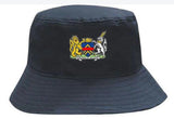 The Monmouth CC Breathable Bucket Hat by Martin Berrill Sports is a black polyester twill hat with a colorful embroidered crest: lion left, unicorn right, shield center. Stylish and breathable for any occasion.