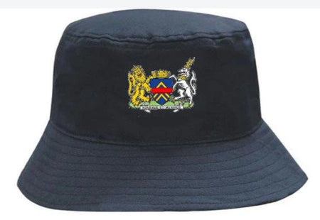 The Monmouth CC Breathable Bucket Hat by Martin Berrill Sports is a black polyester twill hat with a colorful embroidered crest: lion left, unicorn right, shield center. Stylish and breathable for any occasion.