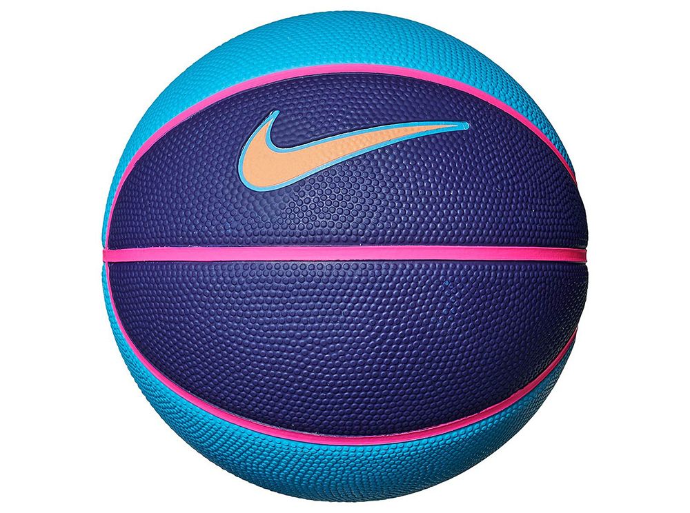 The Nike Swoosh Skills Basketball Size 3 features a textured surface with dark purple panels, bright blue edges, pink lines, and an orange Nike swoosh—ideal for outdoor play and enhancing ball-handling skills.