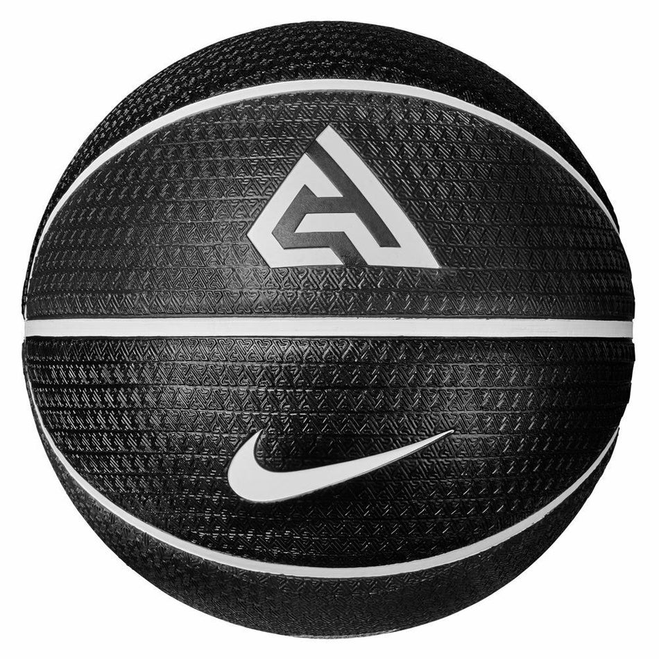 The Nike Playground 2.0 Giannis Basketball by Nike is a black, textured deep channel ball with a white Nike swoosh and geometric logo, designed for enhanced grip, shown against a white background.