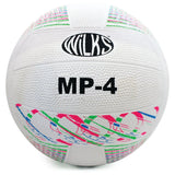 The white Wilks MP Rubber Netball features the brand name “Wilks” in black and colored panel patterns, making it ideal for training sessions.