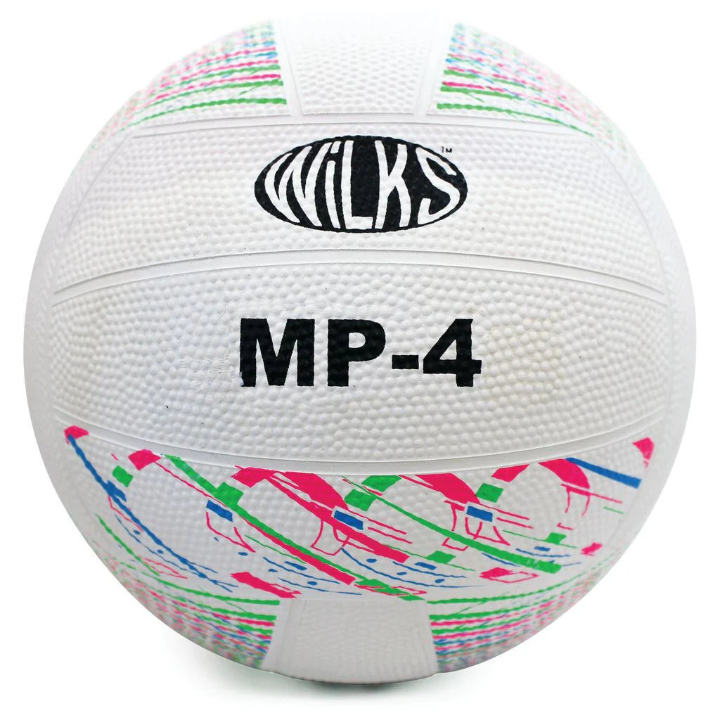 The white Wilks MP Rubber Netball features the brand name “Wilks” in black and colored panel patterns, making it ideal for training sessions.