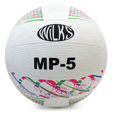 The Wilks MP Rubber Netball is a durable white netball, branded with "Wilks" and model "MP-5", featuring green, pink, and blue patterns—ideal for frequent play.