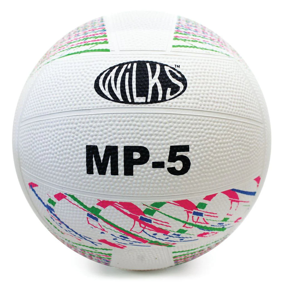 The Wilks MP Rubber Netball is a durable white netball, branded with "Wilks" and model "MP-5", featuring green, pink, and blue patterns—ideal for frequent play.