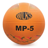 An orange Wilks MP Rubber Netball by Wilks, featuring black "WILKS MP-5" text, textured grip, and vibrant patterns on the lower half. This durable ball stands out against a plain white background.