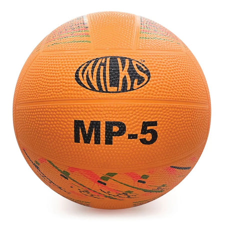 An orange Wilks MP Rubber Netball by Wilks, featuring black "WILKS MP-5" text, textured grip, and vibrant patterns on the lower half. This durable ball stands out against a plain white background.