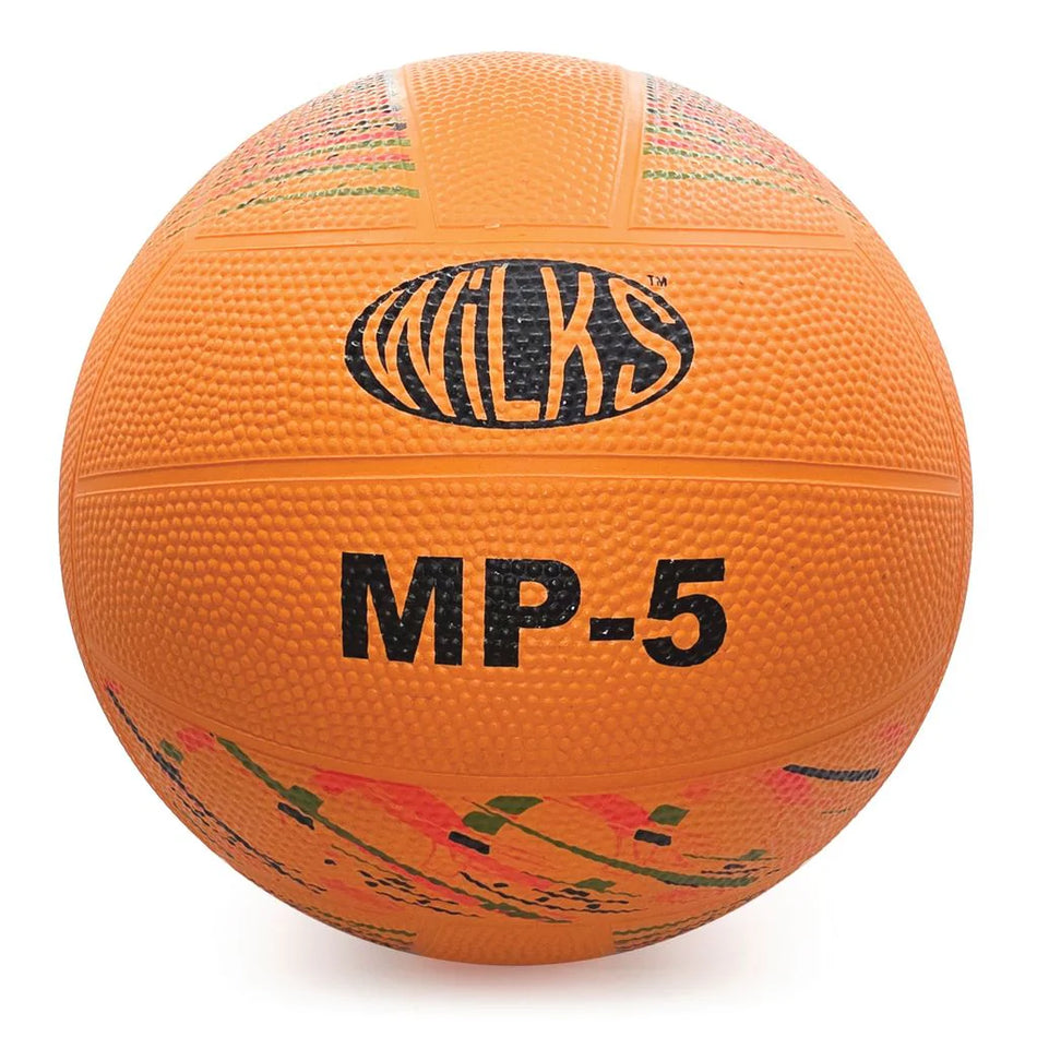 An orange Wilks MP Rubber Netball by Wilks, featuring black "WILKS MP-5" text, textured grip, and vibrant patterns on the lower half. This durable ball stands out against a plain white background.