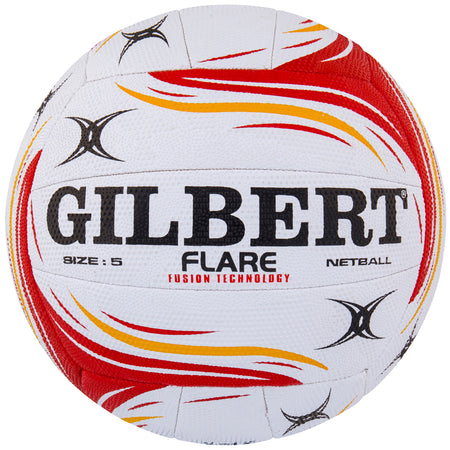 A ten pack of Gilbert Flare Netball, featuring a white ball with red, yellow, and black swoosh patterns, bold black GILBERT branding, and details on FLARE, elite size, and match quality technology.