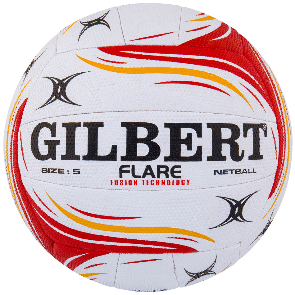 A ten pack of Gilbert Flare Netball, featuring a white ball with red, yellow, and black swoosh patterns, bold black GILBERT branding, and details on FLARE, elite size, and match quality technology.