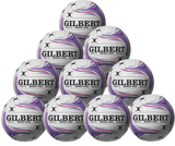 Ten white Gilbert Spectra netballs with purple and grey swirl designs are stacked in a pyramid. The Gilbert brand is clearly visible on each ball in this ten-pack club set.