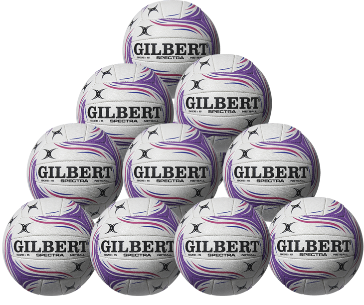 Ten white Gilbert Spectra netballs with purple and grey swirl designs are stacked in a pyramid. The Gilbert brand is clearly visible on each ball in this ten-pack club set.