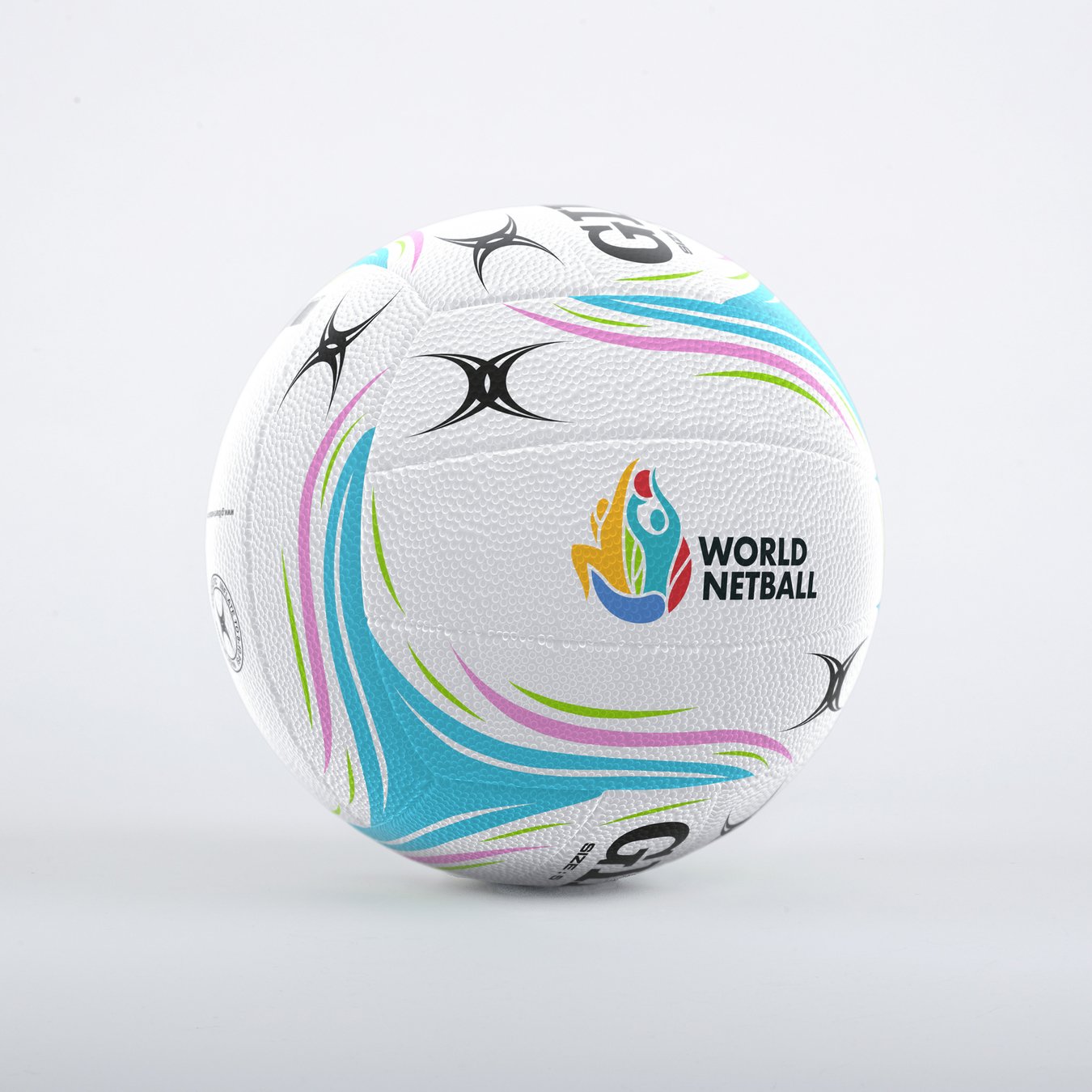 The Gilbert Aurora Match Netball by Gilbert features a white design with colorful accents and fused rubber construction, offering durability for every game.