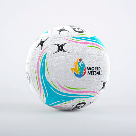 The Gilbert Aurora Match Netball by Gilbert features a white design with colorful accents and fused rubber construction, offering durability for every game.