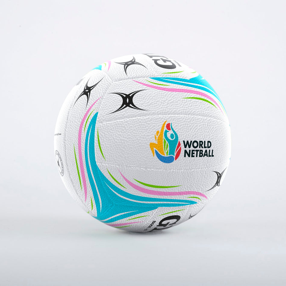 The Gilbert Aurora Match Netball by Gilbert features a white design with colorful accents and fused rubber construction, offering durability for every game.