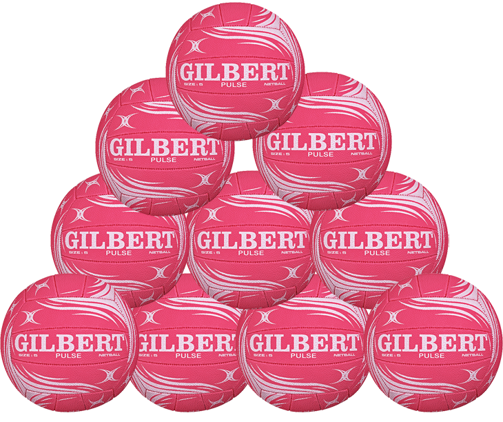 A pyramid stack of ten pink Gilbert Pulse Netballs by Gilbert, each with white swirl patterns and bold branding, ideal for club netball or training, displayed against a plain background.