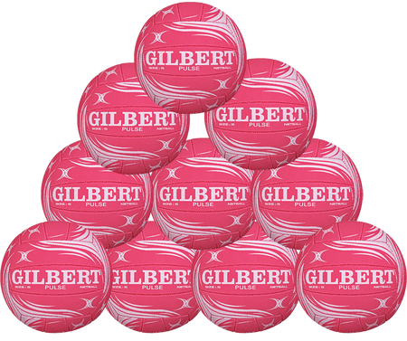 A pyramid stack of ten pink Gilbert Pulse Netballs by Gilbert, each with white swirl patterns and bold branding, ideal for club netball or training, displayed against a plain background.