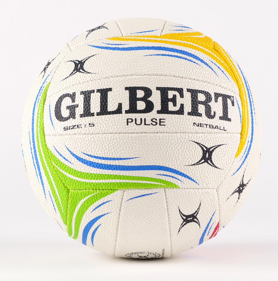 The Gilbert Pulse Match Netball by Gilbert features black branding and vibrant yellow, blue, and green curved patterns on a white surface, shown against a plain white background.