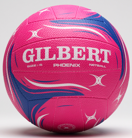 The Gilbert Phoenix Match Netball by Gilbert is shown in pink, featuring a textured surface and white star-shaped designs, size 5, set against a light plain background.