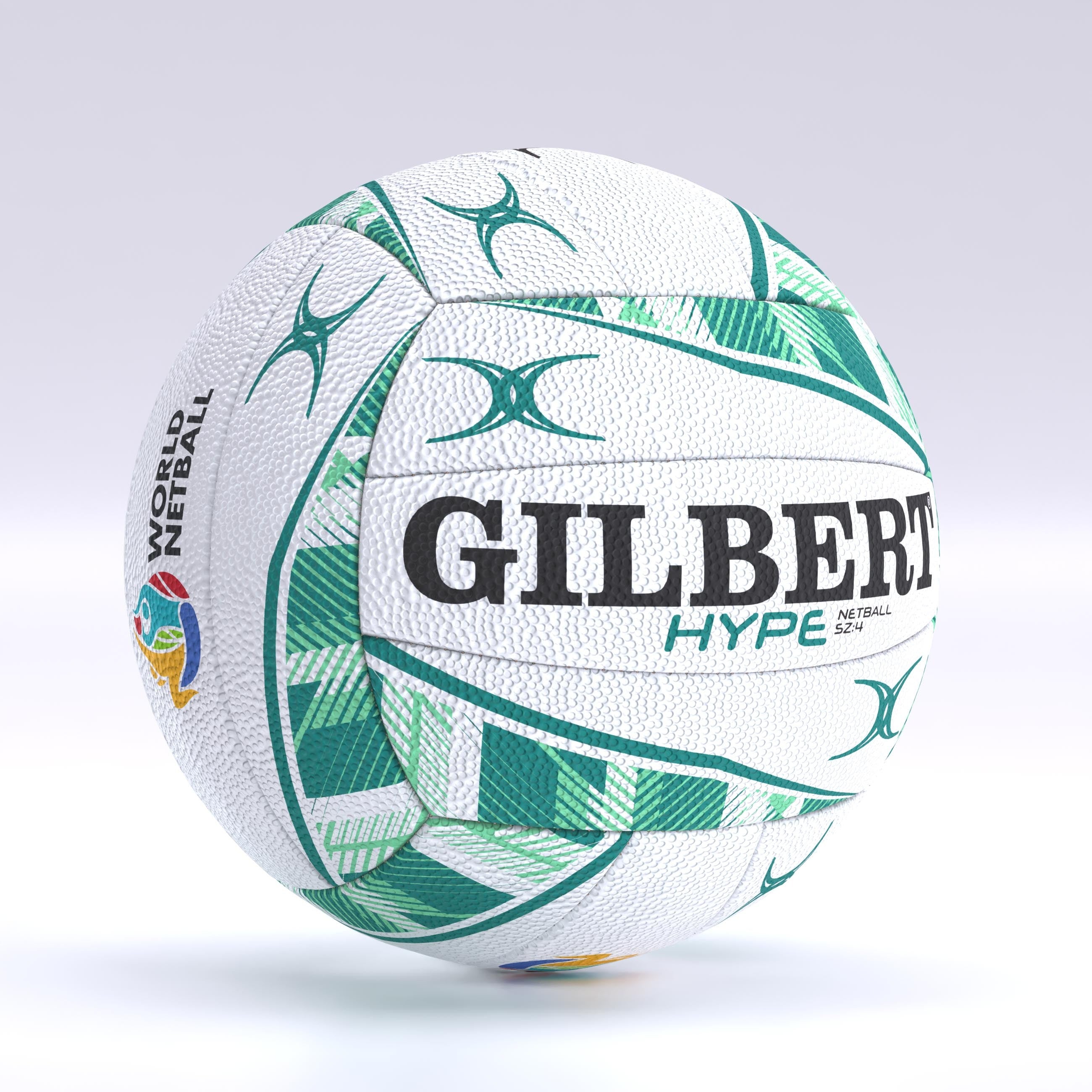 The Gilbert Hype Match Netball Ten Pack features white netballs with green and teal patterns, the World Netball logo, and a textured surface—perfect quality rubber balls for both match play and training sessions.