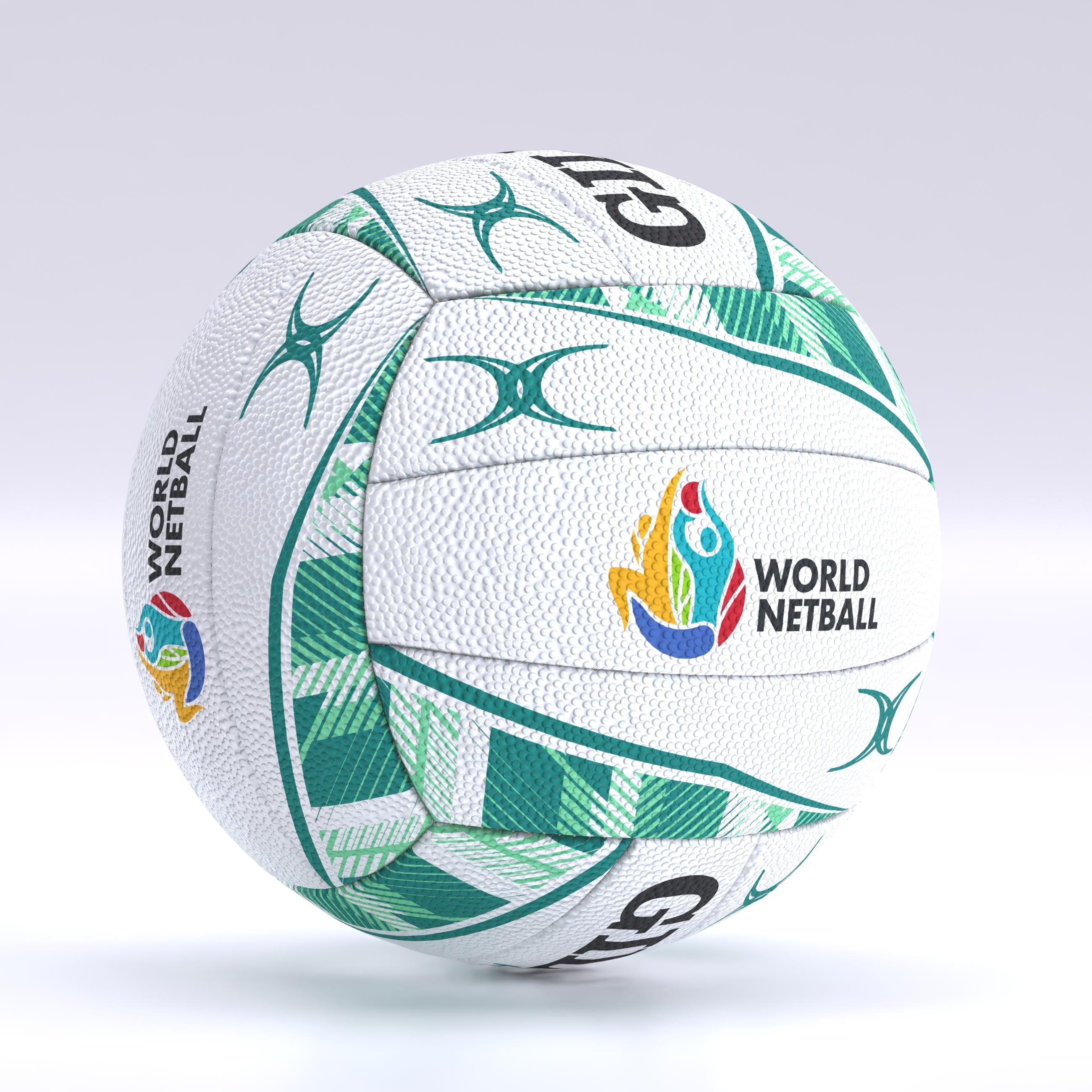 The Gilbert Hype Match Netball Ten Pack by Gilbert features white rubber netballs with green and teal patterns, the World Netball logo, textured surfaces for match and training use, shown on a pale gradient background.