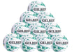 A pyramid stack of ten white and green Gilbert Hype Match Netballs—a high-quality rubber ball for match and training, each featuring GILBERT and HYPE branding. Product: Gilbert Hype Match Netball Ten Pack by Gilbert.
